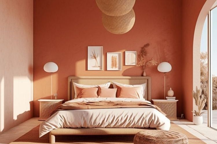 Terrakotta árnyalatú falakkal kialakított hálószoba meleg tónusú, harmonikus összhatással